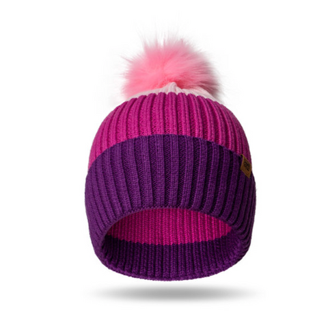 Stripe Pom Kids Hat - Pink & Purple