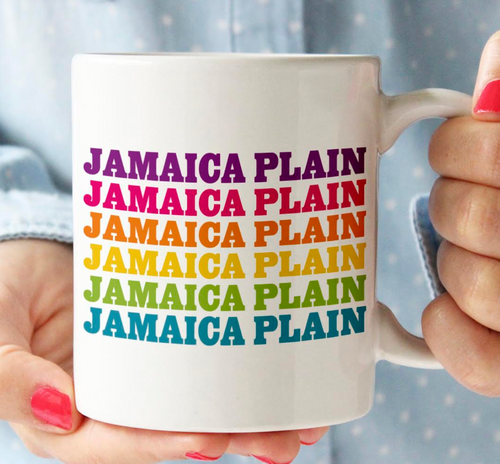 Jamaica Plain Rainbow Text Mug