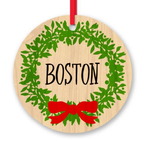 Boston Wreath Wood Ornament