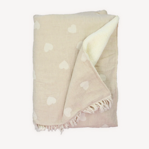 Fleece-Lined Cotton Throw Bl Heart Beige